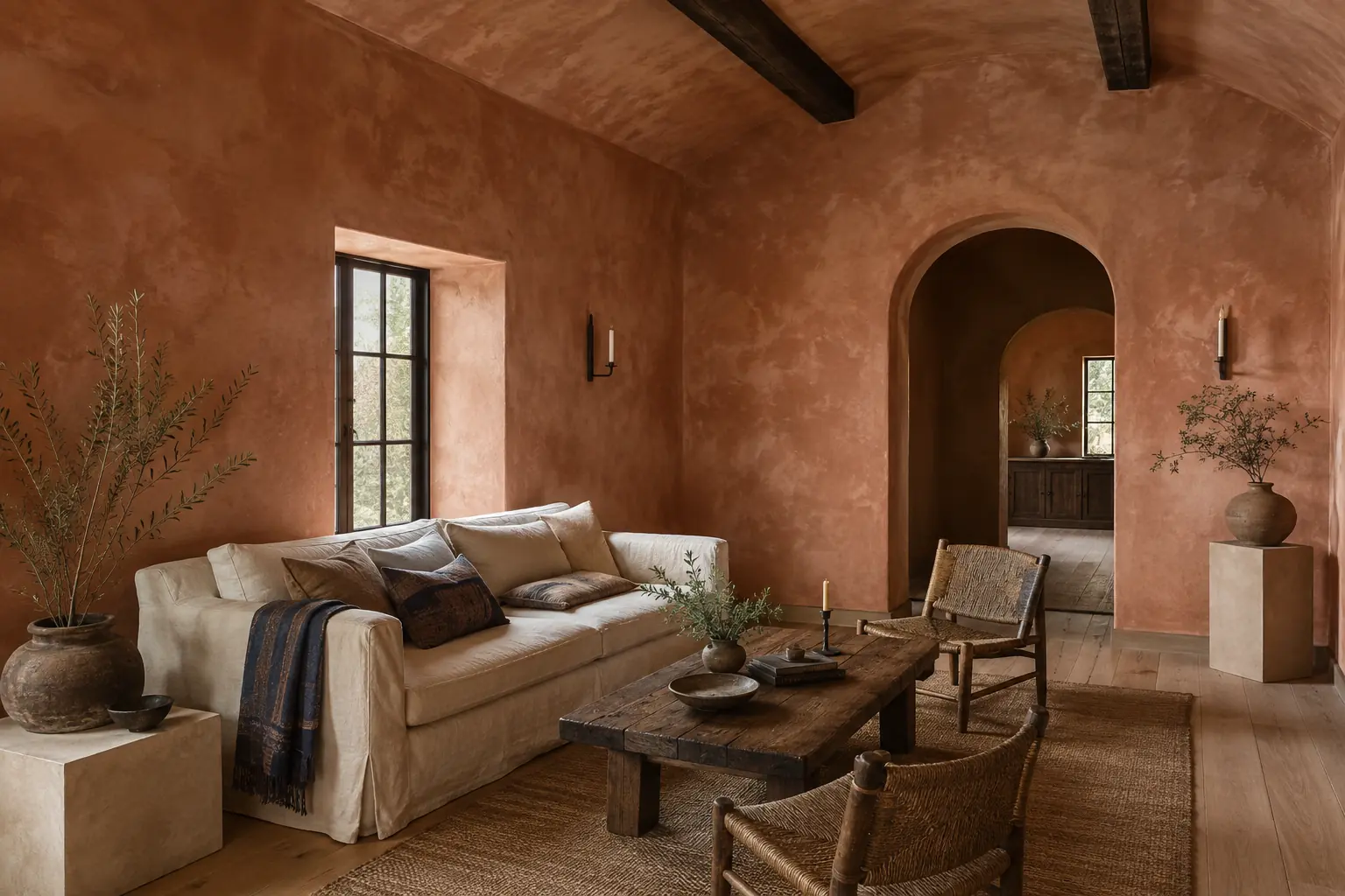 Terra Lime Wash living room — approved Heritage Wall Works fine-finish visualization